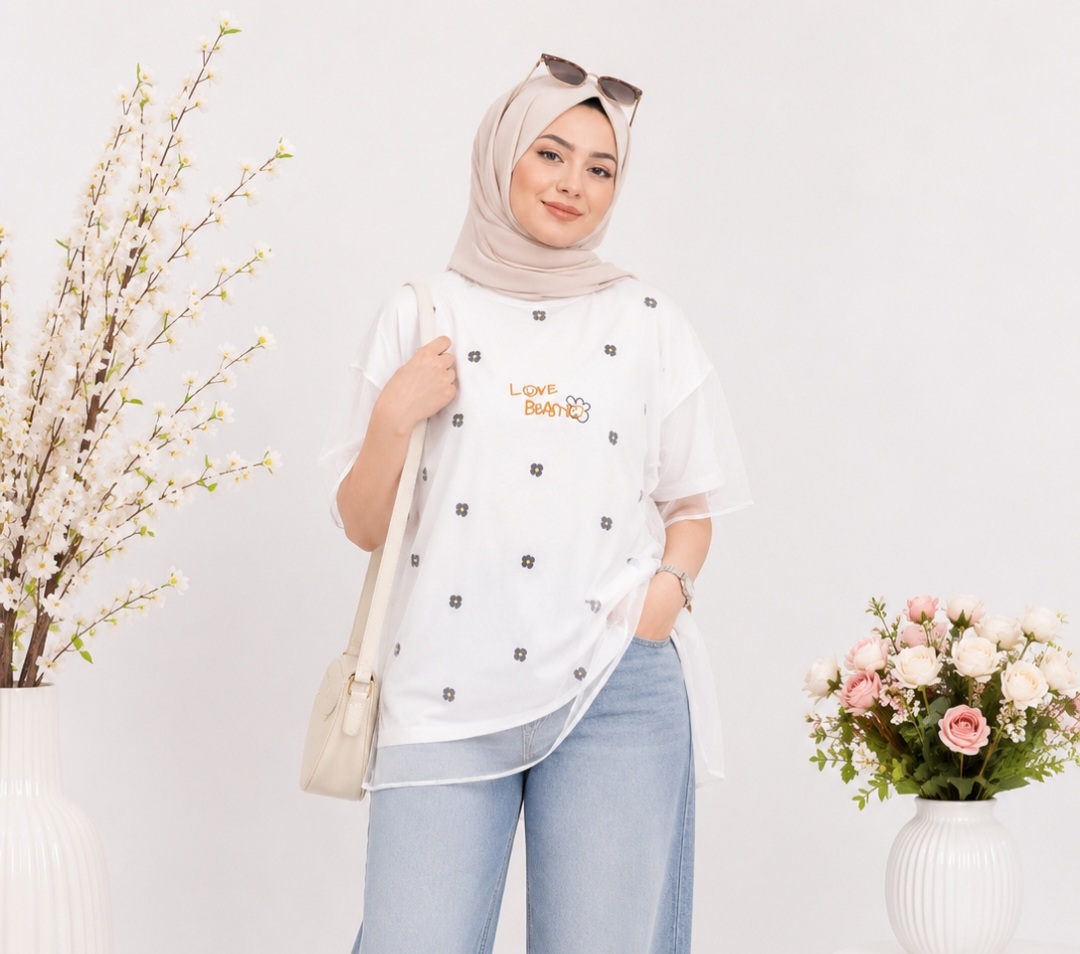 تیشرت لانگ زنانه طرح گل بابونه با رویی توری کد ۰۳۰۱۱۷۲
