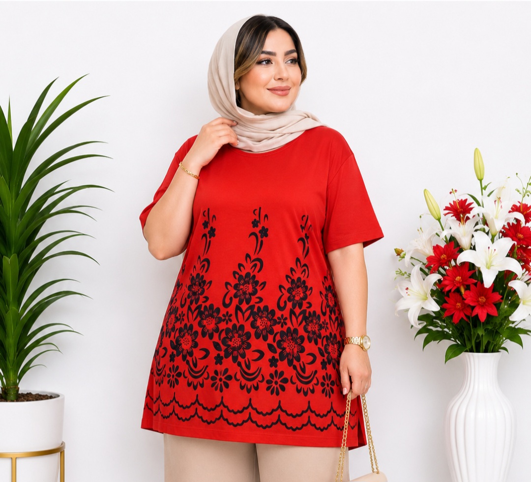 تیشرت نخی زنانه سایز بزرگ طرح گل کد ۰۳۰۵۰۳۱