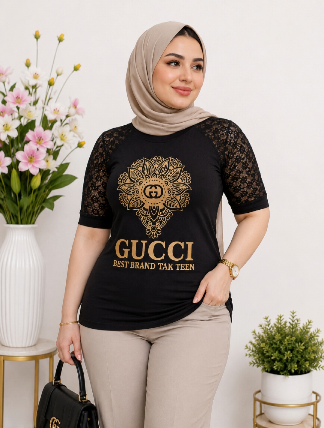 تیشرت آستین گیپوری زنانه مدل گوچی کد ۰۳۰۲۰۳۲