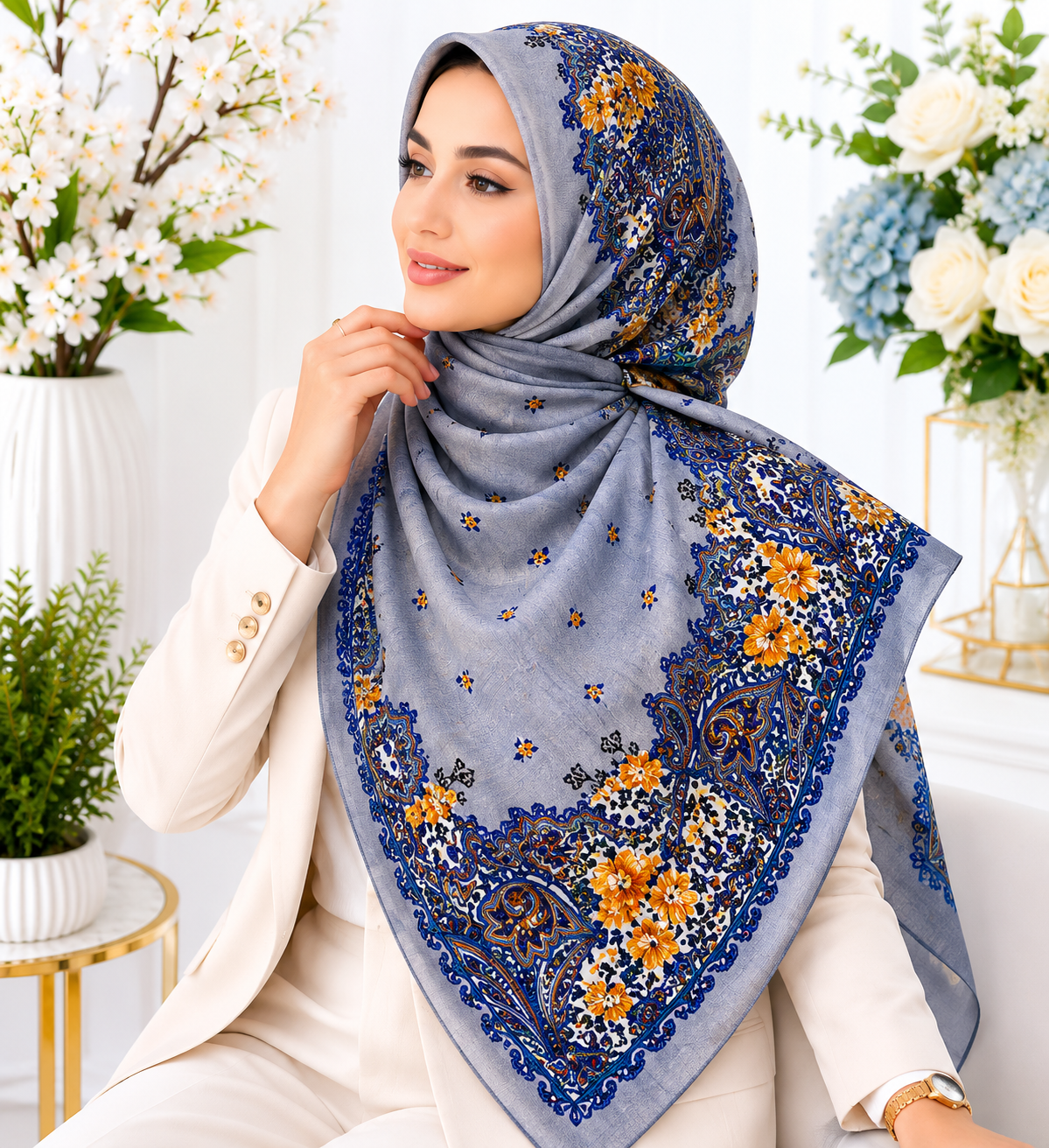 روسری نخی گلدار طرح ترکمن کد ۰۳۱۰۲۲۴