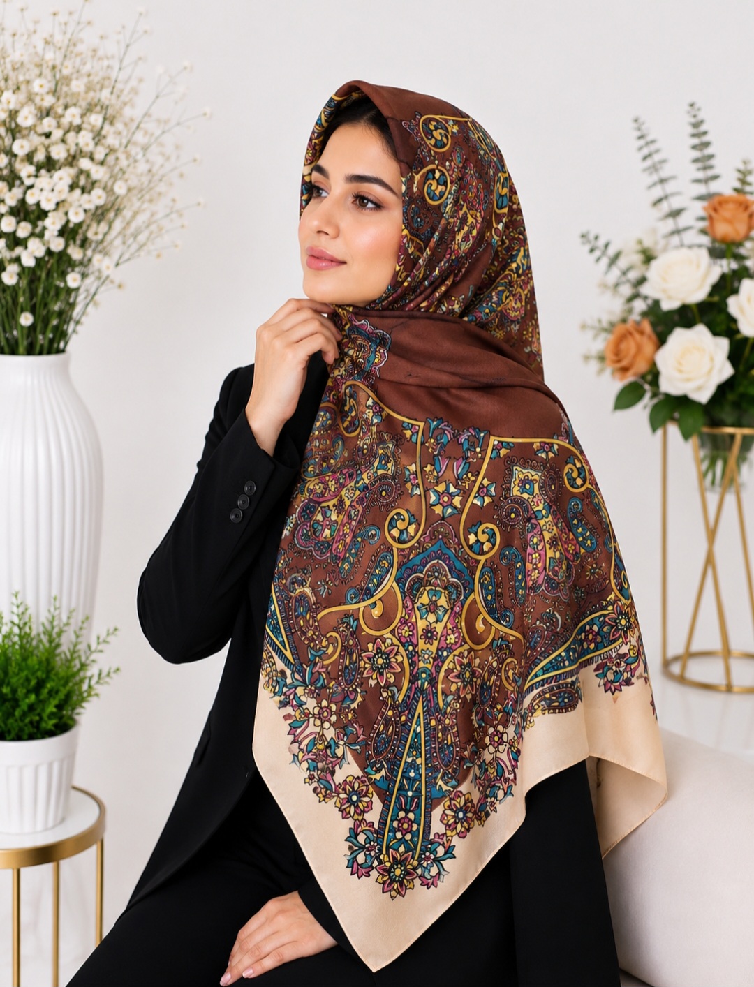 روسری مجلسی طرحدار طلاکوب کد ۰۵۰۴۱۲۲