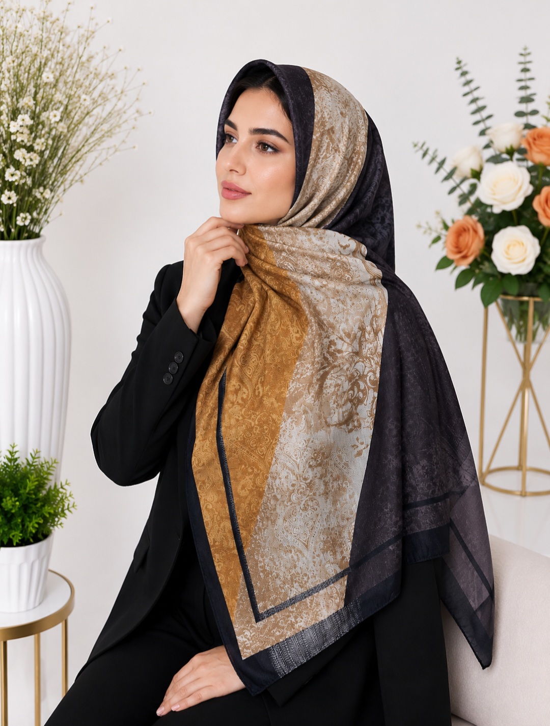 روسری مجلسی نخی ژاکارد دور دوخت کد ۰۴۰۵۲۷۴