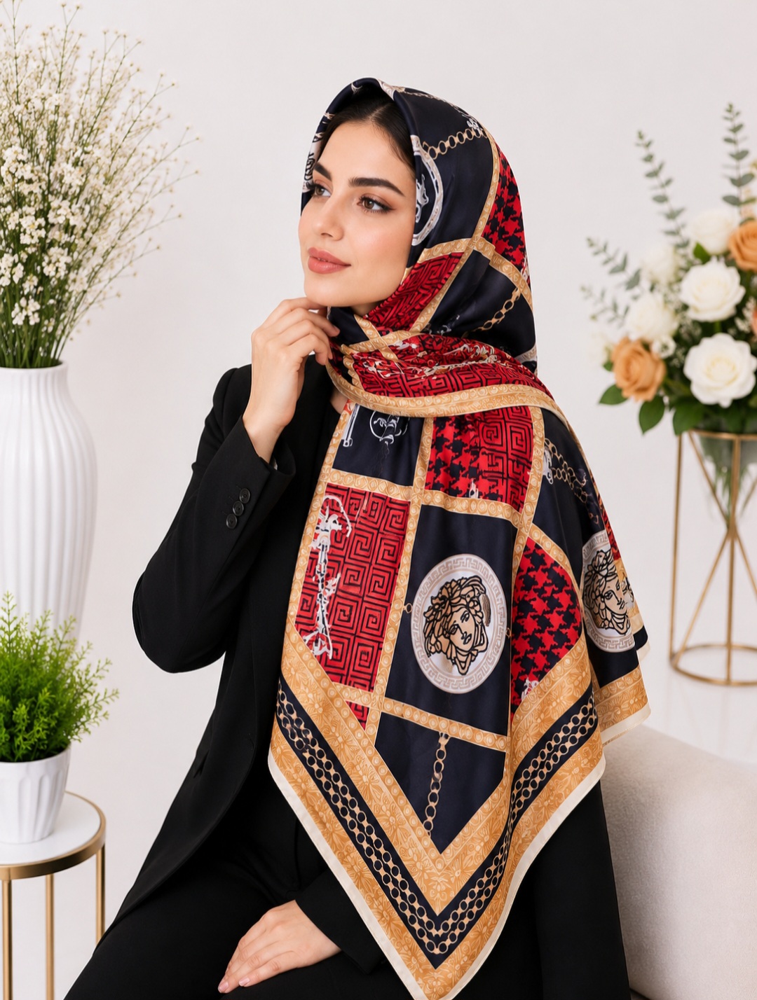 روسری مجلسی ساتن طرحدار کد ۰۵۰۴۱۳۱