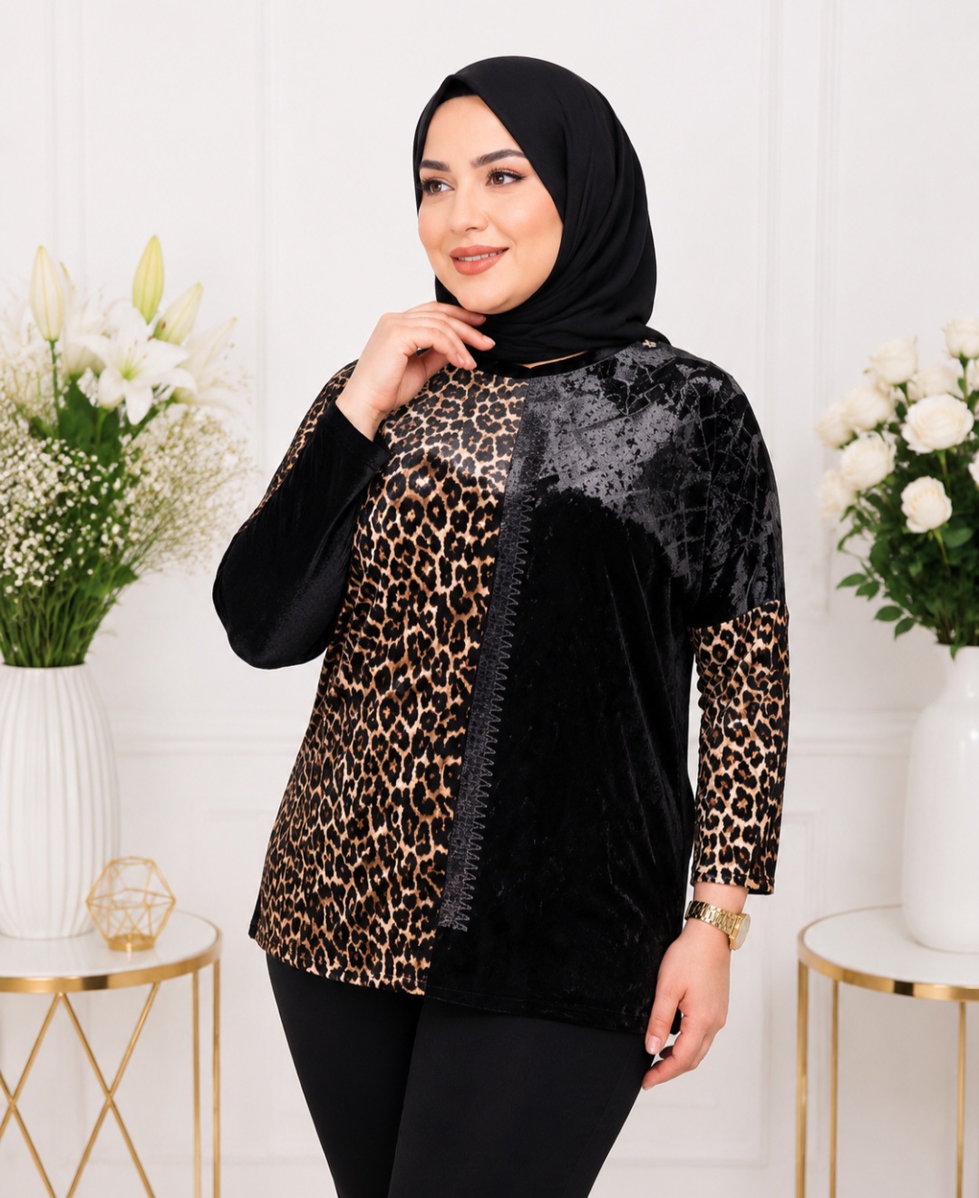 بلوز زنانه مخمل پلنگی مدل شایسته کد ۰۲۱۰۰۲۳