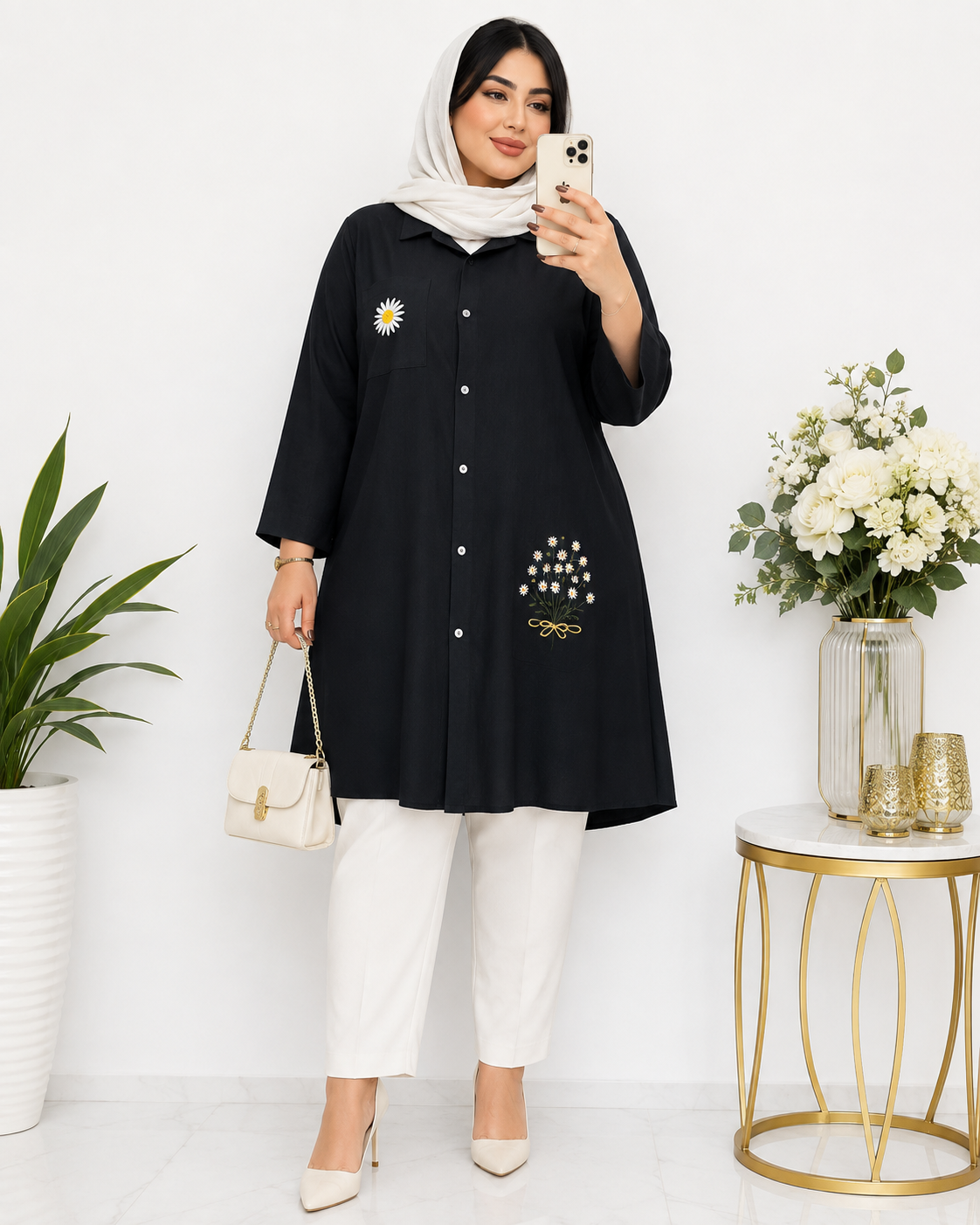 شومیز مانتویی زنانه گلدوزی شده سبد بابونه بهار کد ۰۲۱۲۲۱۳